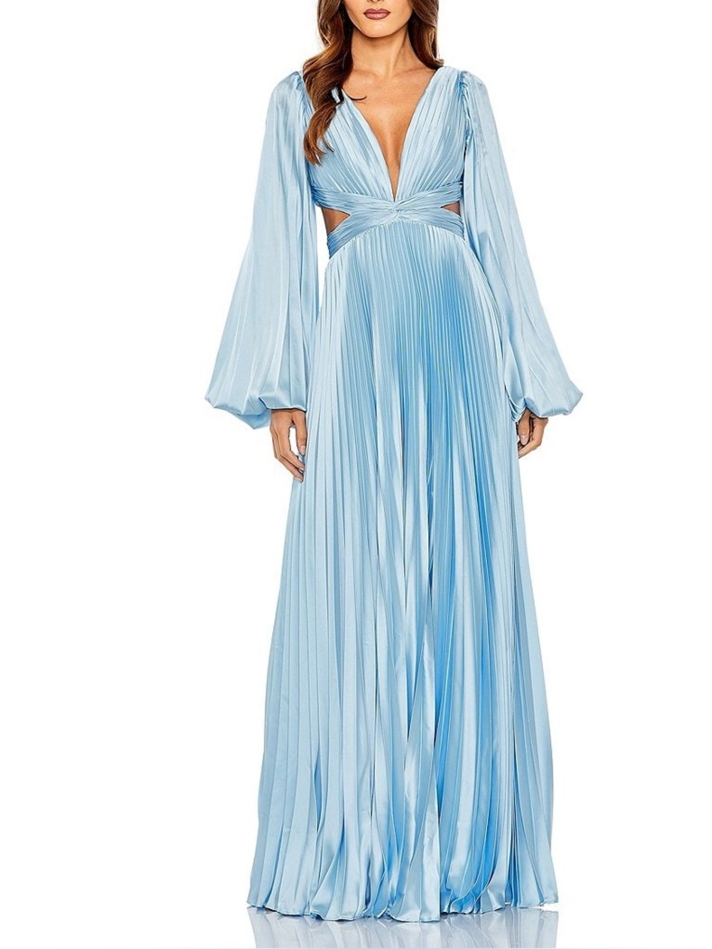 Mac Duggal Pleated Cut Out Long Sleeve Maxi Dress